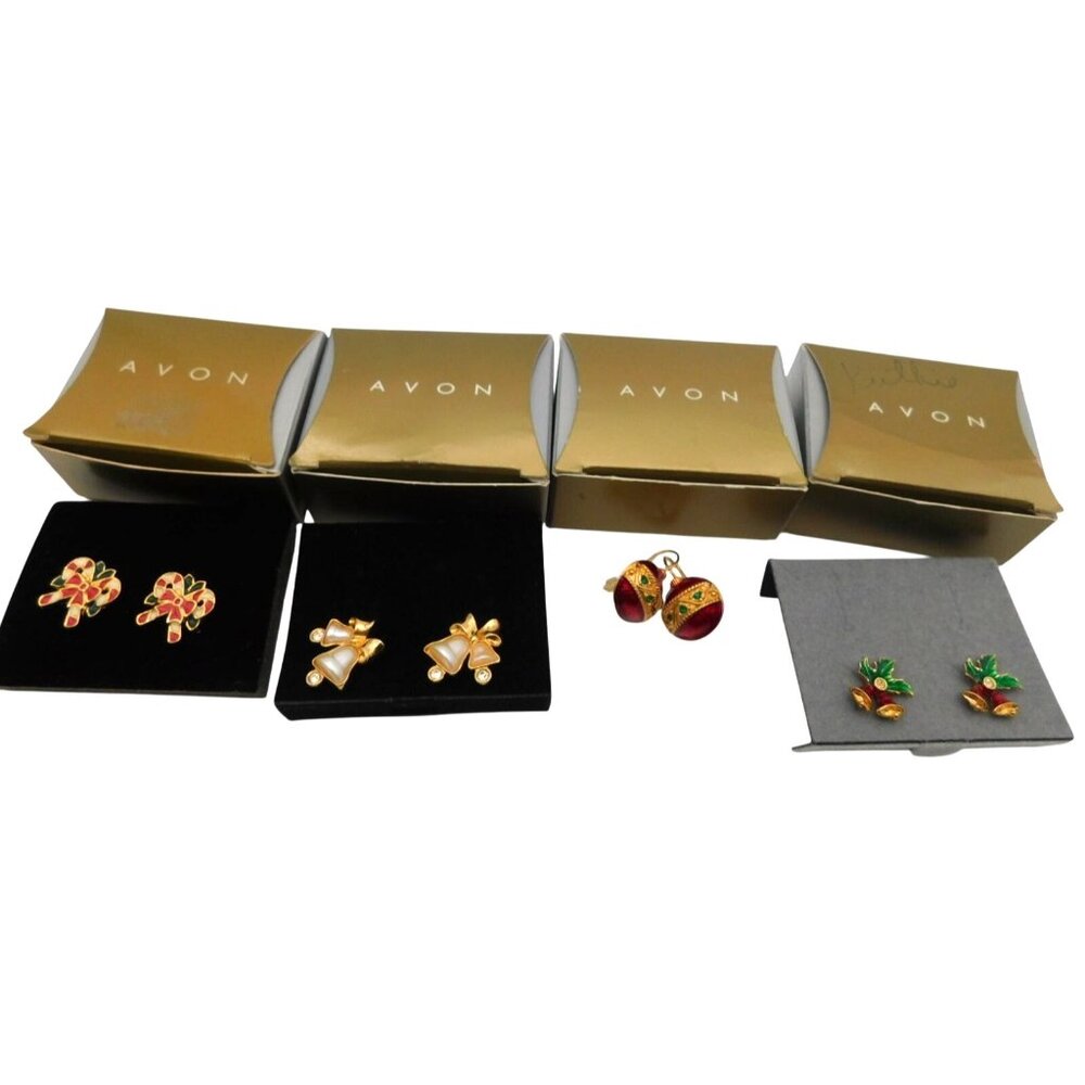 Lot of 4 Vintage Avon Gold Box Christmas Jewelry Pierced Earrings Pearly Bell